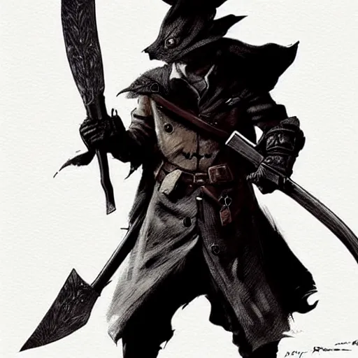 Image similar to pikachu as a hunter in bloodborne, wielding a machete and a blunderbuss, concept art, art by greg rutkowski, intricate, elegant, highly detailed, smooth, sharp focus, artstation