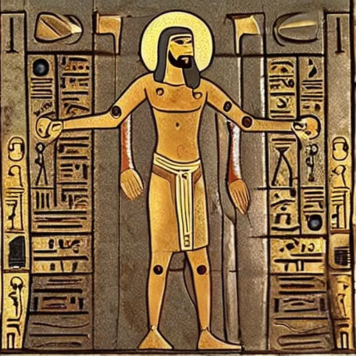Prompt: hieroglyphic imagery of jesus as a robot