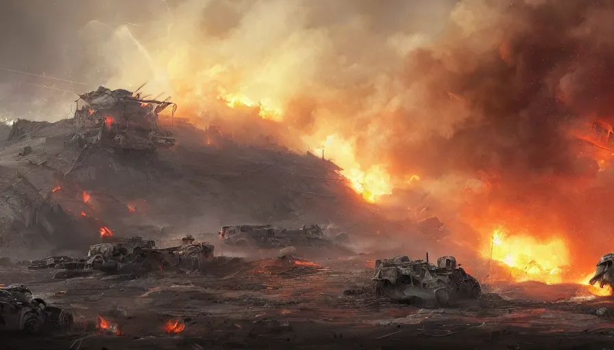 Prompt: Digital painting of a war between troops in the battlefield with explosions, fire, ashes and smoke columns, wide view, volumetric light, hyperdetailed, artstation, cgsociety, 8k