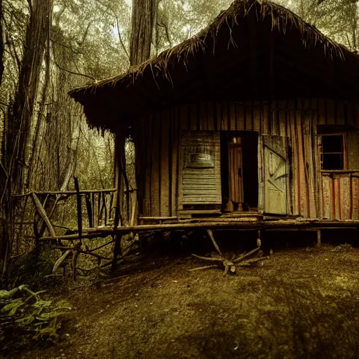 Image similar to a cinematic movie shot of a rustic multi-story ramshackle hut in the magical forest