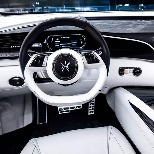 Image similar to cinematic photoshoot of clean modern hand crafted super futuristic tech luxury car interior pro display xpr luxury smooth color metal white silver with black leather padding well design ultrareallistic detailed high quality 8 k photorealistic ultra realistic