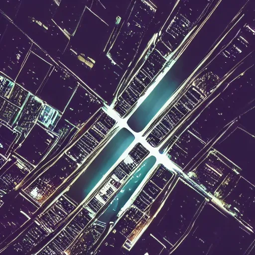 Image similar to photo of a power grid city at night birds eye view inception cinematic