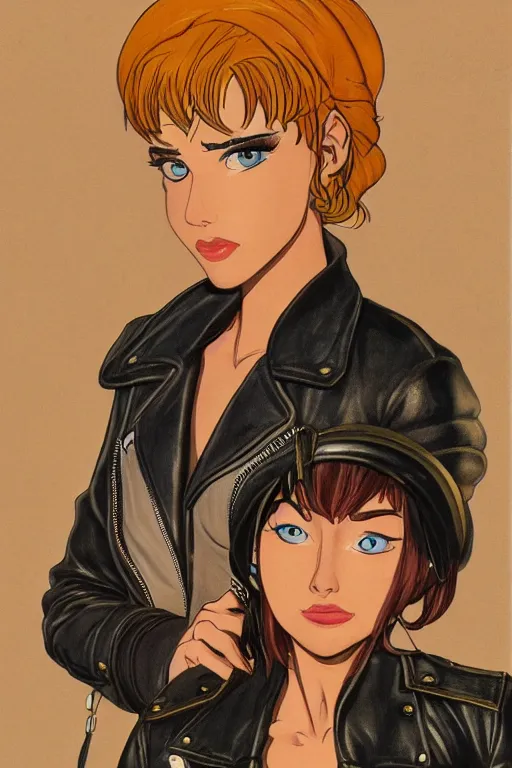 Image similar to portrait of an attractive young female protagonist, center focus, wearing leather jacket, in city street, detailed face, artwork by ralph bakshi