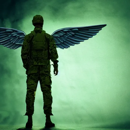 Image similar to soldier with wings as angel defending city, night time, only green colours, green, green palette, sad, chill, fantastic, 4 k, 8 k, super detailed, hyper realistic