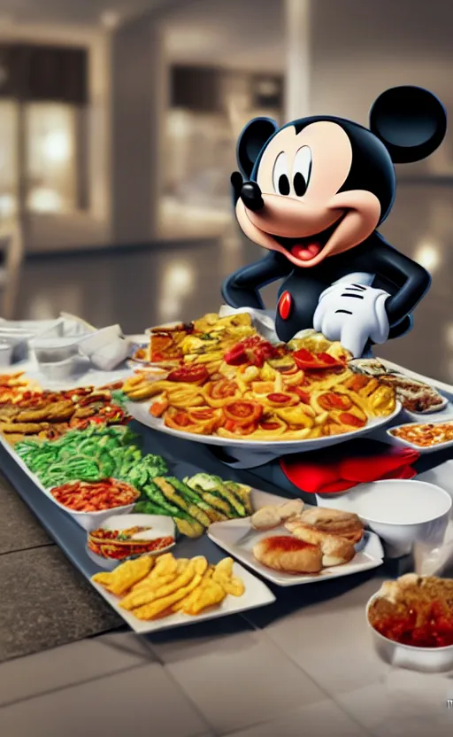 Image similar to mickey mouse on a porcelain tray at a buffet for 5 0 people, photo, photorealistic, realistic, detailed, high quality, high resolution, 8 k, hdr, 8 k quality, 8 k resolution