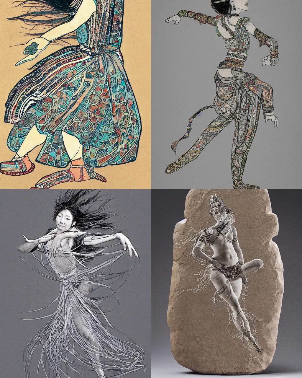 Prompt: an ancient dancer is dancing, full body portrait, flat style, rock painting, art by yuki ryota and yoshitaka amano and kimio muraoka