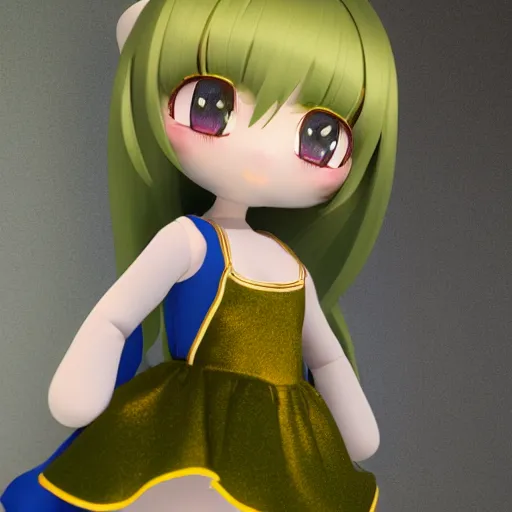 Prompt: cute fumo plush of a girl in a green and gold and blue shiny dress, lens flare, anime girl, vray