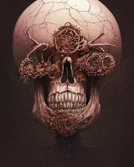 Image similar to a beautiful detailed front view of a dead rotten skull with ornate growing around, ornamentation, sculpture, elegant, beautifully soft lit, by wayne barlowe, peter mohrbacher, kelly mckernan