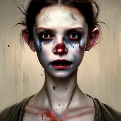 Image similar to portrait painting of horrifyingly disfigured vampire girl wearing battered vietnam fatigues, ultra realistic, concept art, intricate details, eerie, highly detailed, photorealistic, octane render, 8 k, unreal engine. art by artgerm and greg rutkowski and charlie bowater and magali villeneuve and alphonse mucha