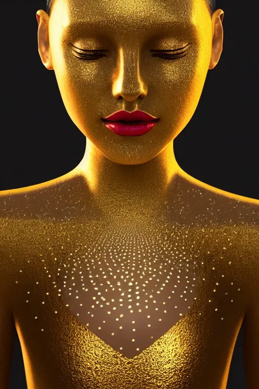 Image similar to pearl skinned ballerina, golden droplets on her face, chessboard pattern clothes, full body picture, crystal eyes, perfect face, atmosphere, glowing, radiant, dancing in the mud, cinematic lighting, high quality, perfect, 8 k high detail, masterpiece, trending on artstation, by ken wong