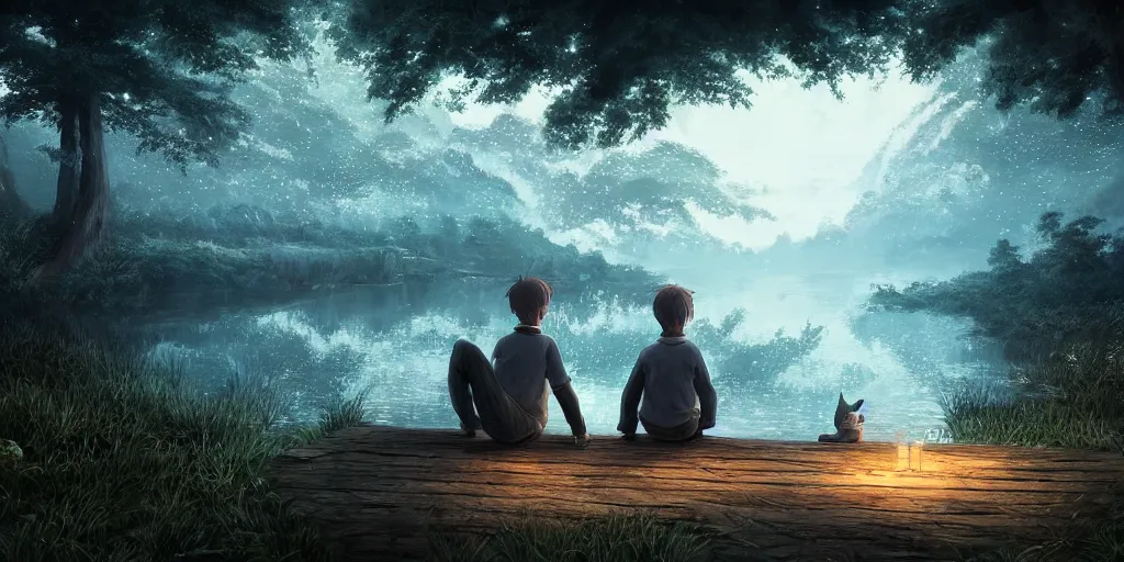 Image similar to a silver dragon and a boy sitting next to lake in forest, many fireflys, at night, concept art, dof, cryengine, digital art, detailed background, makoto shinkai