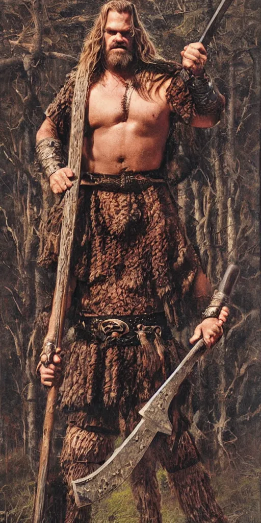 Prompt: david harbour wearing viking clothing and holding an axe by Gerald Brom