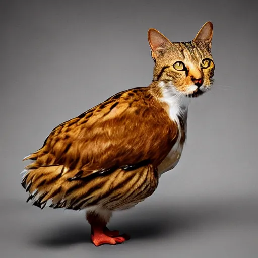 Prompt: hybrid of a cat and a chicken, wild species photography, studio lighting, award-winning