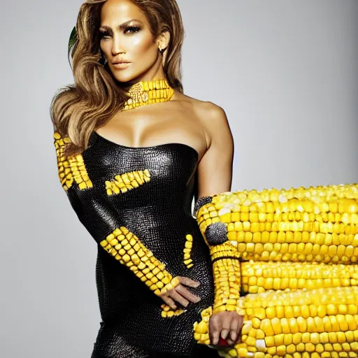 Image similar to full body photo of jennifer lopez, she is wearing a funny kid's hallowen costume of corn on a cob, studio lighting, corn on a cob everywhere