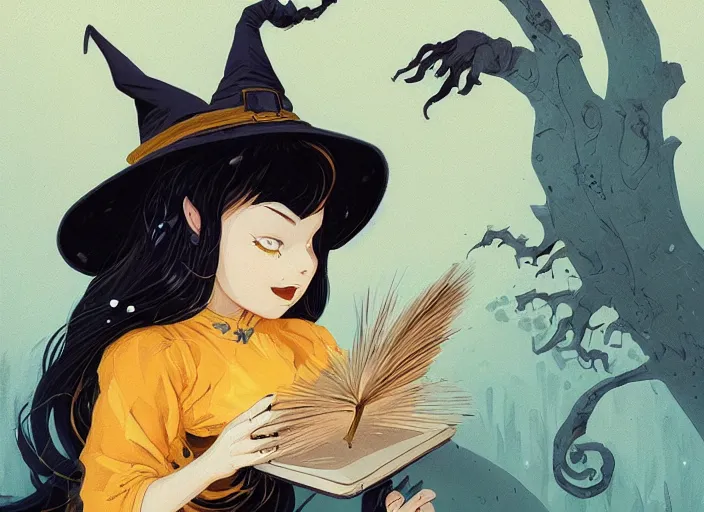 Prompt: highly detailed portrait of a little witch opening a book art by ghailan, james gilleard, by joe fenton, by greg rutkowski, by greg tocchini, by kaethe butcher, 4 k resolution, gradient yellow, black, brown and cyan color scheme, grunge aesthetic!!!