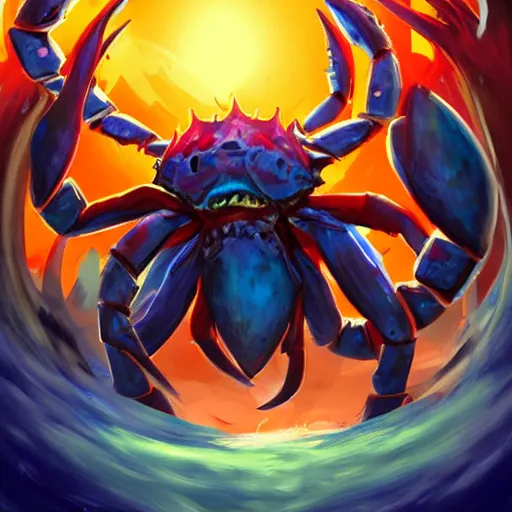 Image similar to blue giant ((crab monster)) with giant crab claws, giant crab claws fantasy digital art, magical background in the style of hearthstone artwork