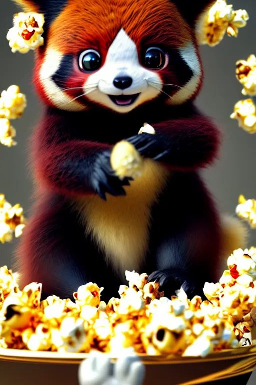 Image similar to high quality 3 d render hyperrealist very cute gothic happy red panda & koala hybrid eating popcorn, vray smooth, detective pikachu, very dramatic light, low angle, uhd 8 k, shallow depth or field