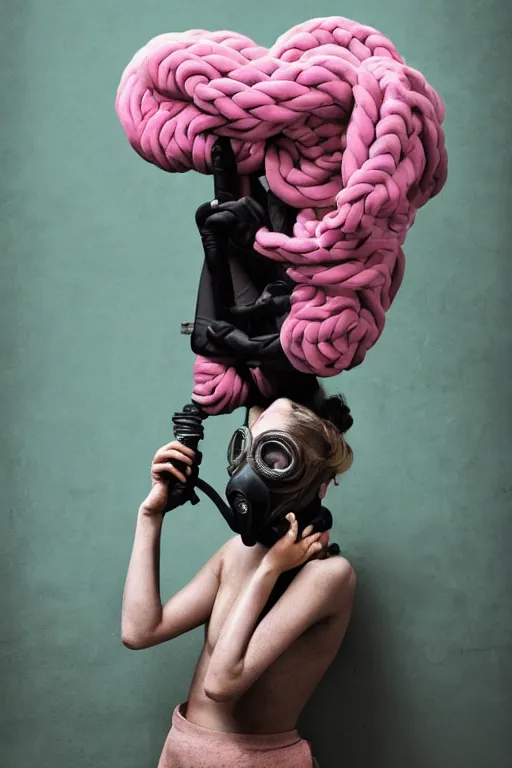 Image similar to a surreal portrait of intertwined and contorted figures wearing gas mask next to a pink wall in the style of brooke didonato, editorial fashion photography from vogue magazine, full shot, nikon d 8 1 0, ƒ / 2. 5, focal length : 8 5. 0 mm, exposure time : 1 / 8 0 0, iso : 2 0 0