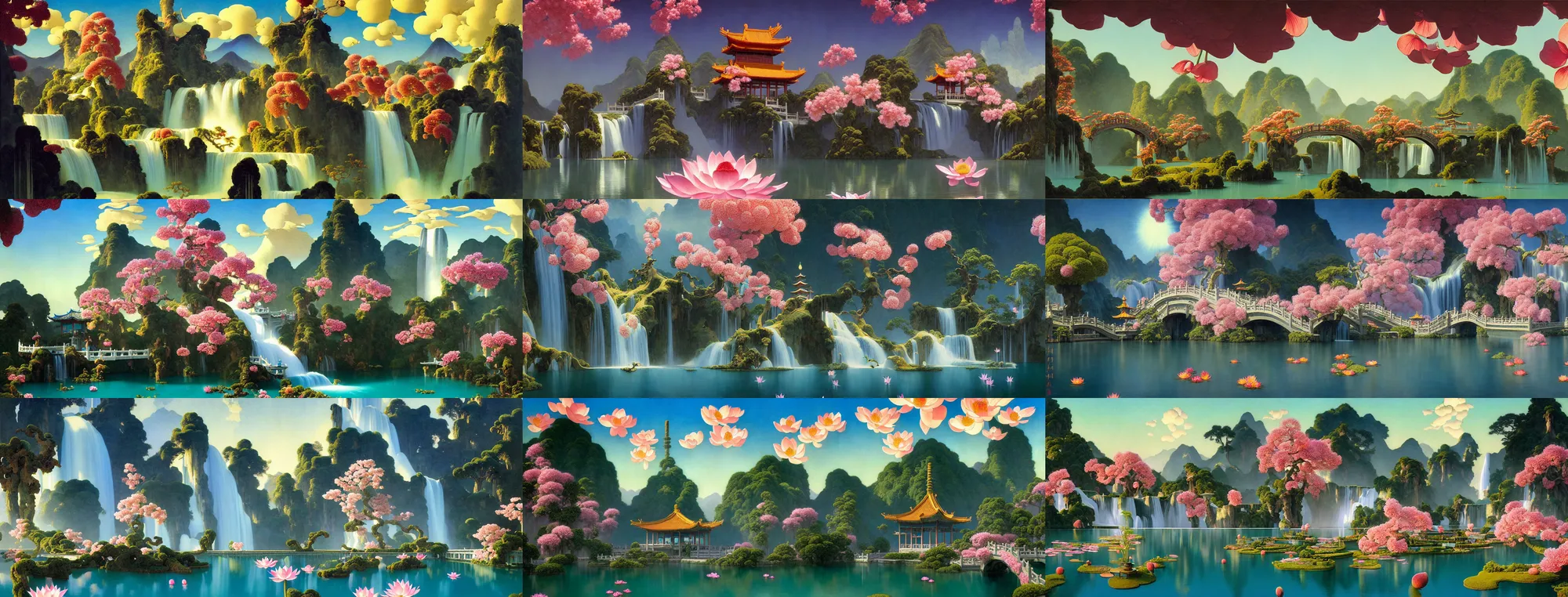 Image similar to a gorgeous painting by barlowe wayne, maxfield parrish and marco mazzoni. xanadu chinese temple on a platform that extends over a great waterfall, a huge tallest magnificent peach blossom tree glowing, bridge. azure. ultra clear detailed. 3 d, octane render. a lake full of lotus flowers, chinese cloud. 8 k.