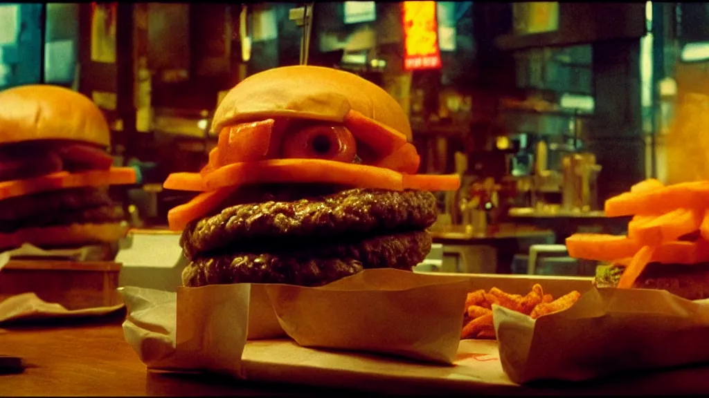 Prompt: the disdainful cheeseburger creature at the fast food place, film still from the movie directed by denis villeneuve and david cronenberg with art direction by salvador dali and zdzisław beksinski, wide lens