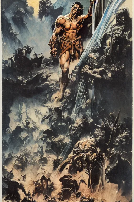 Image similar to Artwork by Frank Frazetta of the cinematic view of the Cenotaph of Ever-changing Blasphemy.