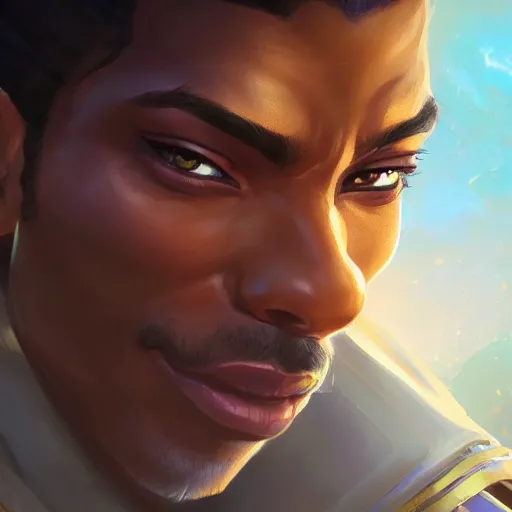 Image similar to closeup portrait of lucio from overwatch, d & d, fantasy, intricate, elegant, highly detailed, digital painting, artstation, concept art, matte, sharp focus, illustration, hearthstone, art by artgerm and greg rutkowski and alphonse mucha