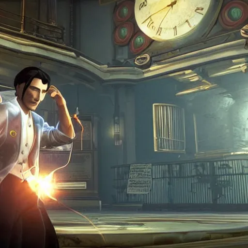 Image similar to screenshot from bioshock infinite, keanu reeves