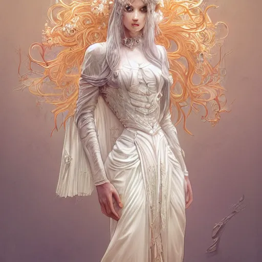 Image similar to a photograpic portrait of a anthropomorphic mimosa wearing white clothes, fantasy, intricate, elegant, highly detailed, digital painting, artstation, concept art, smooth, sharp focus, illustration, art by artgerm and H R Giger and alphonse mucha