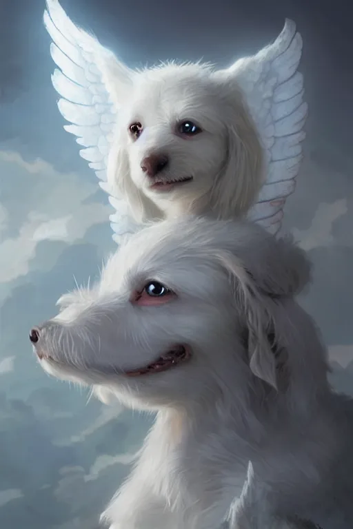 Image similar to a small white dog with angel wings and a halo, highly detailed, d & d, fantasy digital painting, trending on artstation, concept art, sharp focus, illustration, global illumination, ray tracing, realistic shaded, art by artgerm and greg rutkowski and fuji choko and viktoria gavrilenko and hoang lap