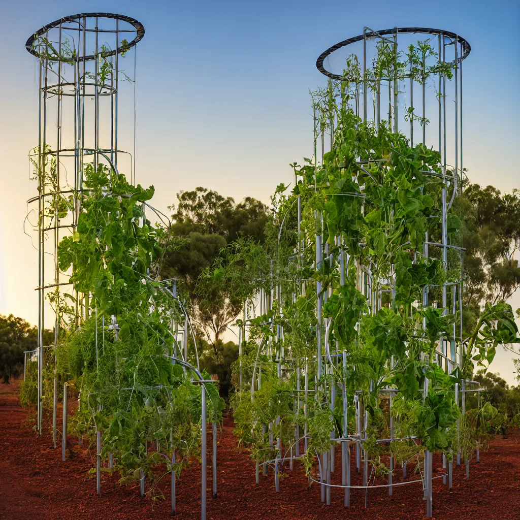 Prompt: torus shaped electrostatic water condensation collector tower, irrigation system in the background, racks of vegetables propagated under shadecloth, in the middle of the australian desert, XF IQ4, 150MP, 50mm, F1.4, ISO 200, 1/160s, natural light at sunset with outdoor led strip lighting