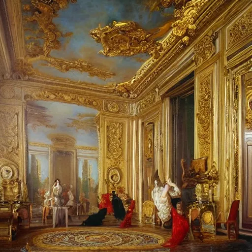 Image similar to fine art, oil on canvas baroque style by louis le nain. the interior of the palace of versailles in france. fine art in the walls and