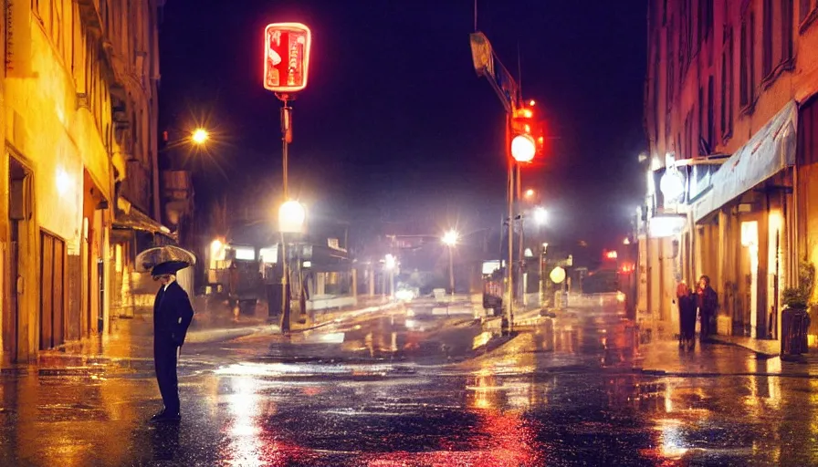 Image similar to hyper-realistic 2010s movie still of Le juge françois Renaud in a street a night, by Paolo Sorrentino, Cinestill 800t 35mm, beautiful color, high quality, neon billboards and streetlight, rain, lens flare