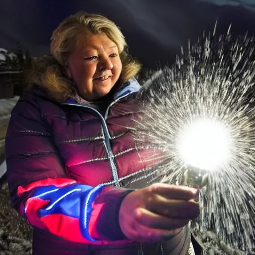 Prompt: Erna Solberg powering Norwegian village by shooting lightning out of her hands, glowing eyes