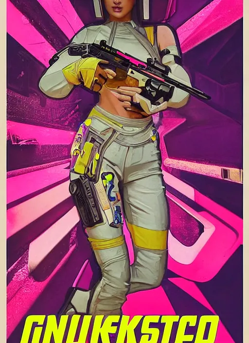 Image similar to beautiful cyberpunk female athlete wearing pink jumpsuit and firing a futuristic yellow belt fed automatic pistol. poster for pistol. cyberpunk ad poster by james gurney, azamat khairov, and alphonso mucha. artstationhq. gorgeous face. painting with vivid color, cell shading. buy now! ( rb 6 s, cyberpunk 2 0 7 7 )