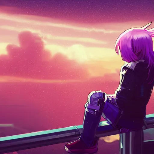 Prompt: android mechanical cyborg anime girl child overlooking overcrowded urban dystopia sitting. Pastel pink clouds baby blue sky. Gigantic future city. Raining. Makoto Shinkai. Wide angle. Distant shot. Purple sunset. Sunset ocean reflection. Pink hair. Pink and white hoodie. Cyberpunk. featured on artstation. robotic wired knee. exposed wires. white sweater.