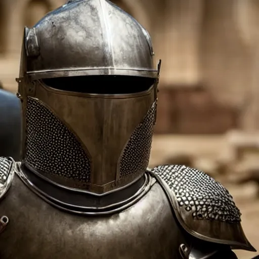 Prompt: close - up of an armoured knight in a movie directed by christopher nolan, movie still frame, promotional image, imax 7 0 mm footage