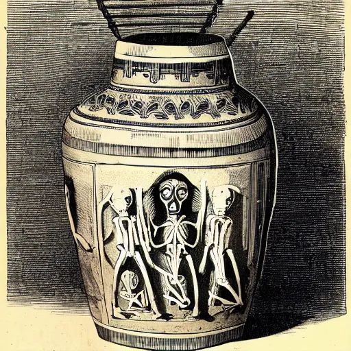 Image similar to roman jar illustrated with exploding skeletons