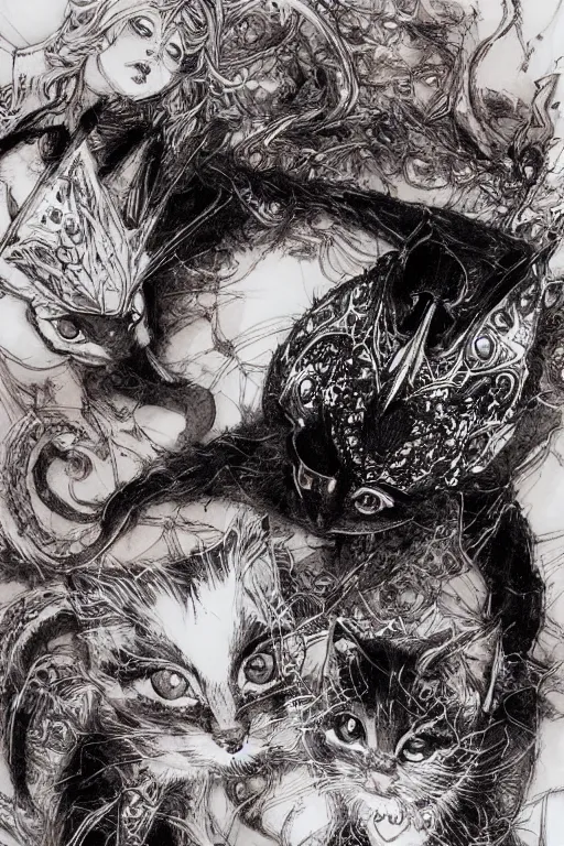 Image similar to Kitten vampire lord, pen and ink, intricate line drawings, by Yoshitaka Amano, Ruan Jia, Kentaro Miura, Artgerm, watercolor