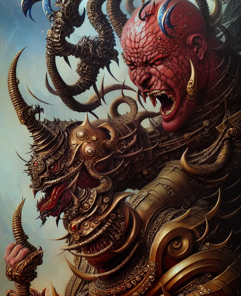 Prompt: beautiful ferocious brutal ravana fantasy character portrait, close - up, headshot, ultra realistic, intricate details, the fifth element artifacts, highly detailed by peter mohrbacher, hajime sorayama, wayne barlowe, boris vallejo, aaron horkey, gaston bussiere, craig mullins