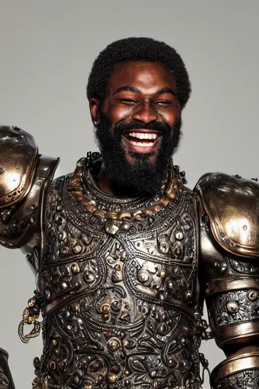 Prompt: portrait of a young African American rugged young man, thick black beard, big muscles, big smile. intricate bronze armour decorated with with gems. Engraved with a tree. cinematic lighting, highly detailed, full body shot. Movie poster.