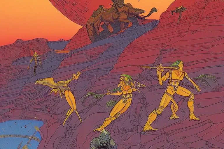 Image similar to beautiful amazons riding dinosaurs on mars against a backdrop of canyons, mercury rainbows in the sky and space fighters shooting, artwork by jean giraud