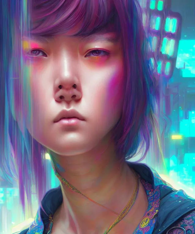 Image similar to Cyberpunk teenage girl, portrait, Asian features, face, rainbow coloured hair intricate, elegant, highly detailed, digital painting, artstation, concept art, smooth, sharp focus, illustration, art by artgerm and greg rutkowski and alphonse mucha