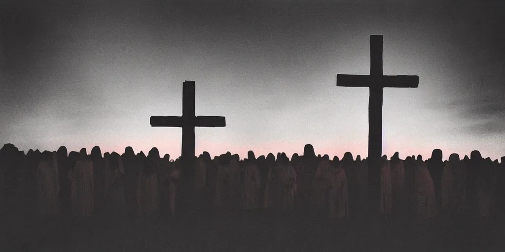 Prompt: “A large strange crucifix standing in a field surrounded by cultists in black robes next to a bonfire, dirty award winning vintage photography, glowing red sky, distorted photo”