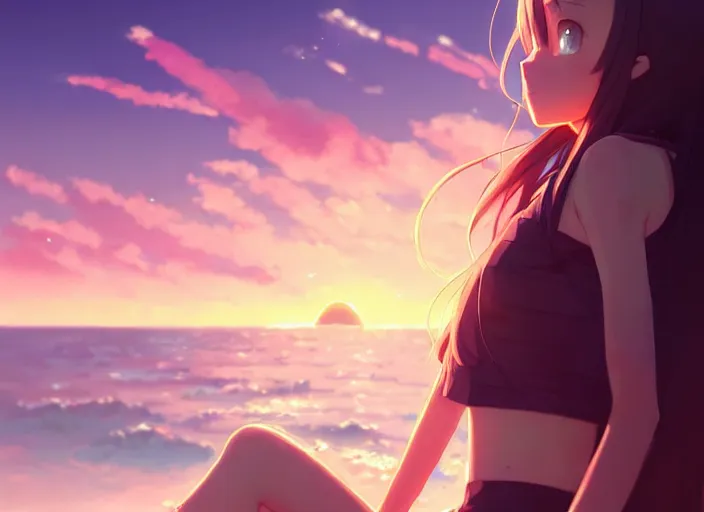 Image similar to portrait of cute girl, sunset sky in background, beach landscape, illustration concept art anime key visual trending pixiv fanbox by wlop and greg rutkowski and makoto shinkai and studio ghibli and kyoto animation, futuristic wheelchair, symmetrical facial features, future clothing, backlit