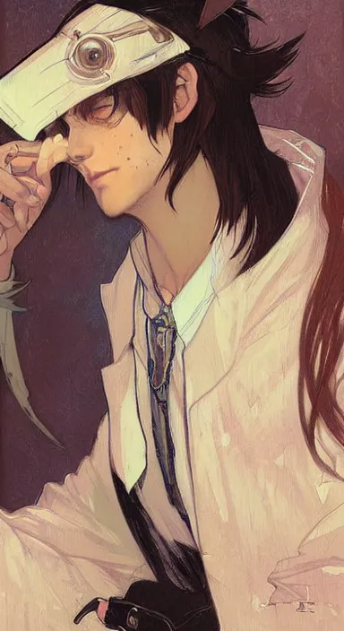 Prompt: Portrait of a cute stylish mage in his twenties with cat ears. Art by Greg Rutkowski and Alphonse Mucha