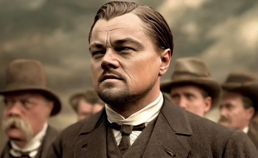 Image similar to Leonardo DiCaprio as Theodore Roosevelt in 'Roosevelt' (2017), movie still frame, oscar nominated cinematography, volumetric lighting, 8k resolution