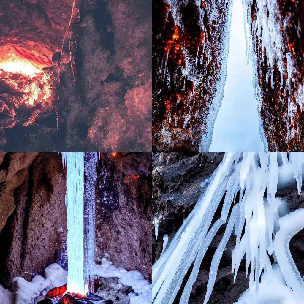 Prompt: An icicle dripping lava in a fire cave.