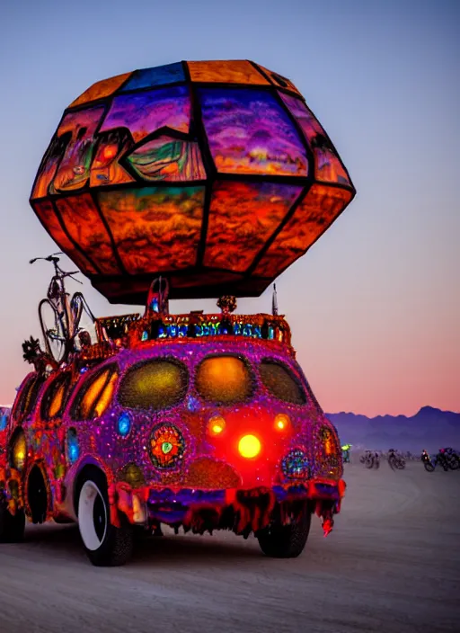 Image similar to burning man art car, sunset, 4 k