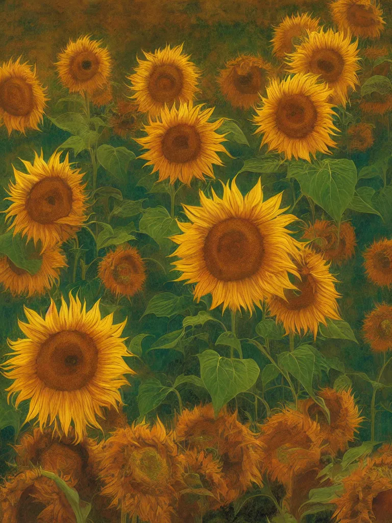 Prompt: featureless colorful sunflowers, rippling, minimalist environment, by esao andrews and maria sibylla merian eugene delacroix, gustave dore, thomas moran, pop art, art by charles burns