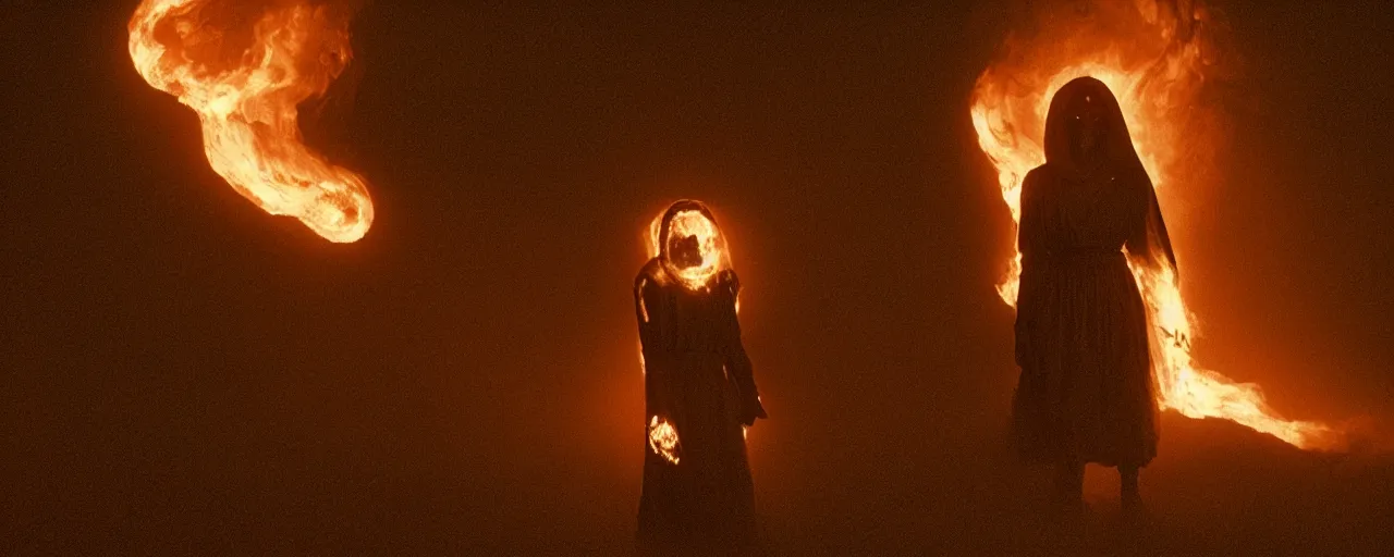 Image similar to The full body shot of beautiful pale woman with white flowers and full-face golden mask inside a thick black smoke in rocky desert landscape, glowing eyes everywhere, burning earth by Gaspar Noe and Christopher Doyle, anamorphic lens, anamorphic lens flares, kodakchrome, cinematic composition, practical effects, award winning photo, 8k